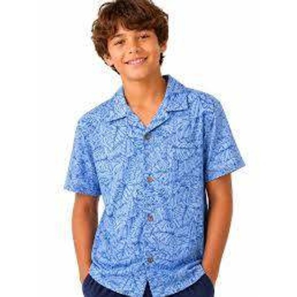 Tommy Bahama Boys 5/6 Blue Tropical Palm Print Hawaiian Button Up Shirt
